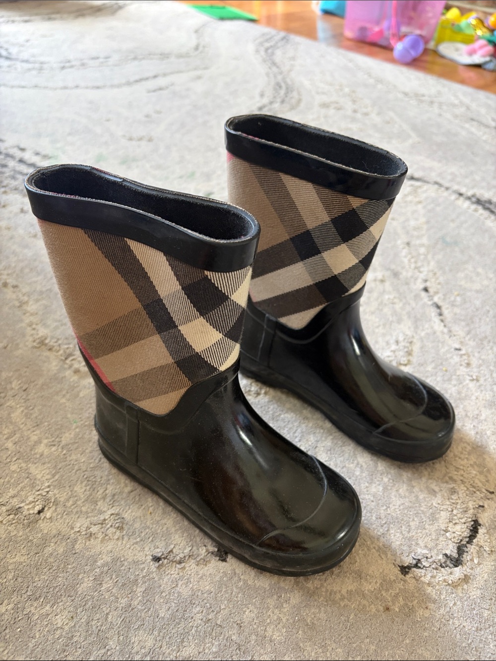 Burberry Black Rain & Plaid Shaft Kids Boots